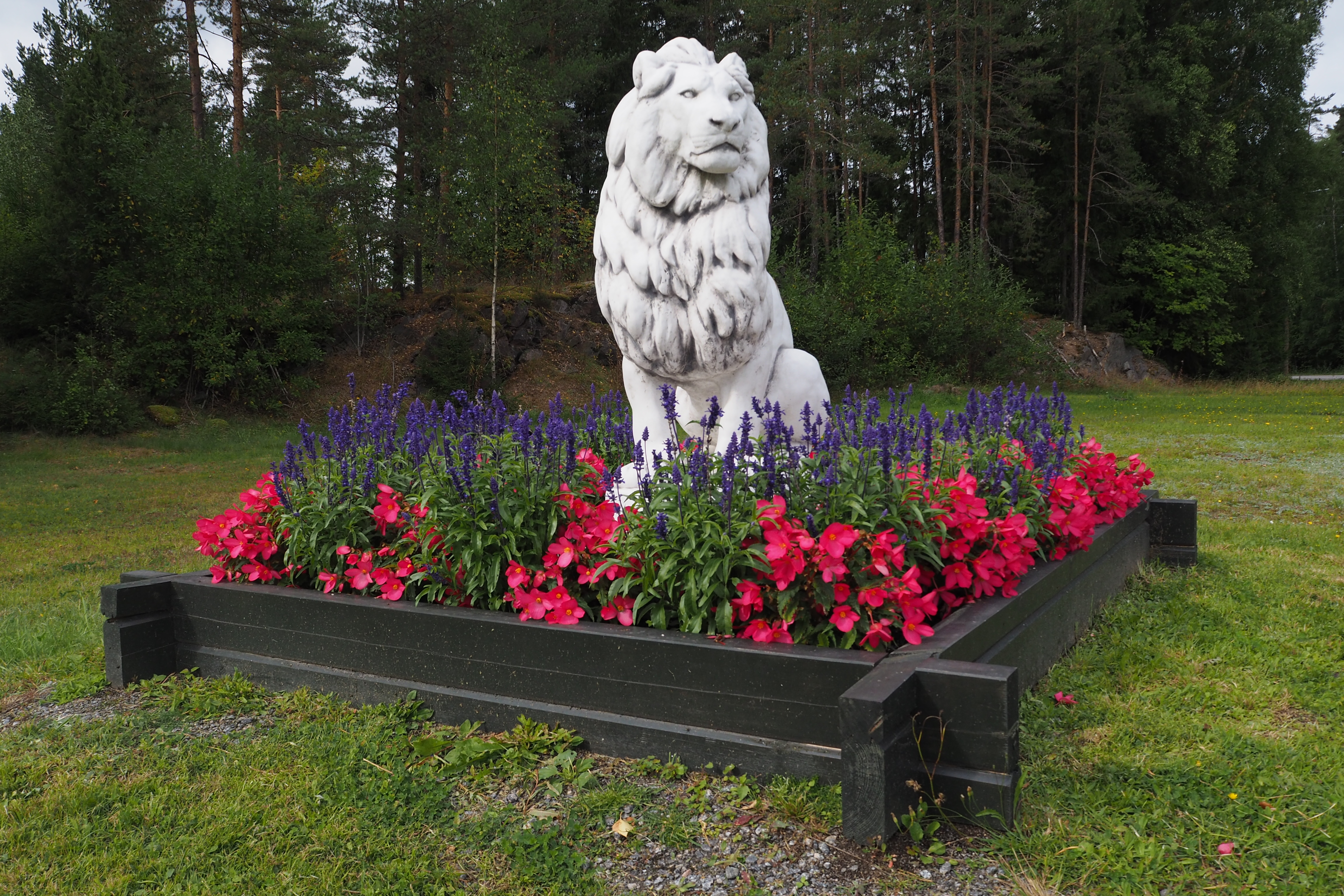 Leijonapatsas kunnan sisääntulon risteyksessä kukkien keskellä