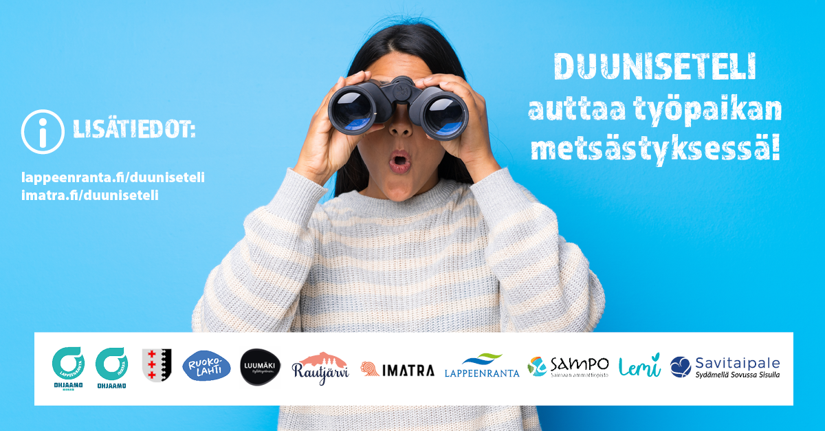 Duunisetelin kuvitus: Duuniseteli auttaa työpaikan metsästyksessä. Lisätiedot: lappeenranta.fi/duuniseteli tai imatra.fi/duuniseteli